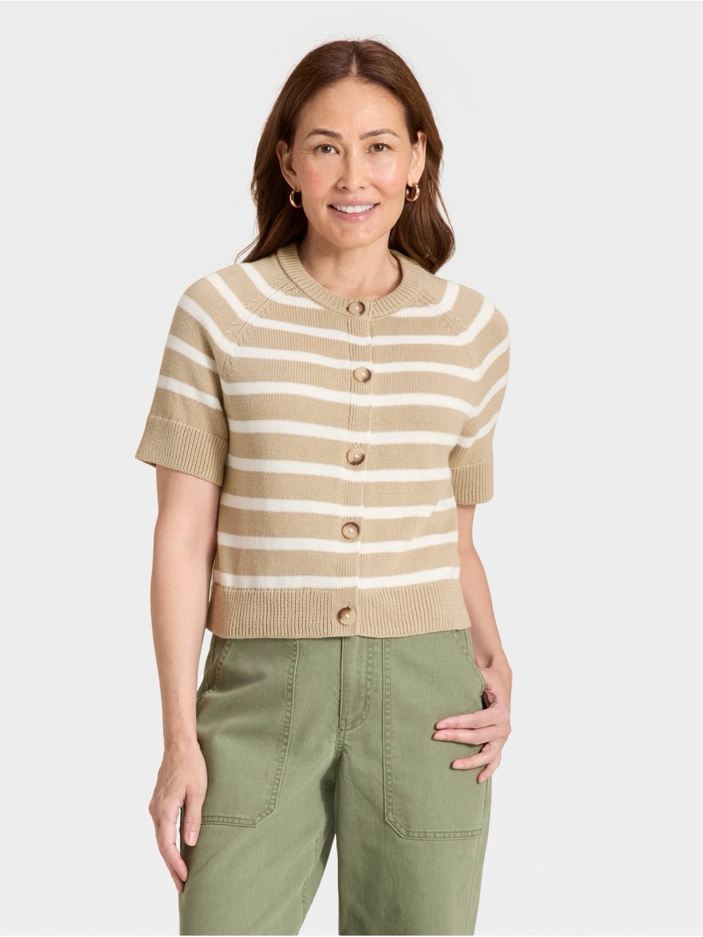 Universal Thread Beige and White Striped Short-Sleeve Button Cardigan